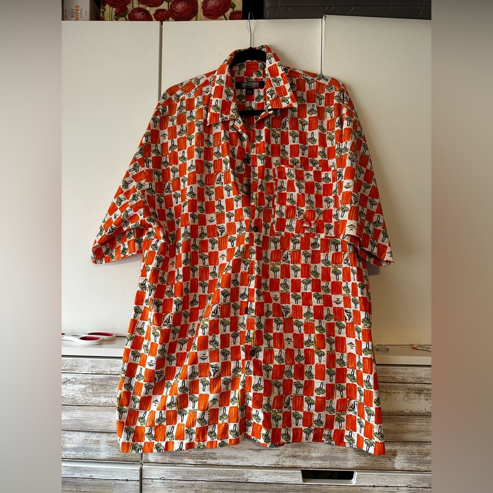 🌴 First Down Vintage Hawaiian Shirt Mens L Palm Tree Orange Retro Camp Shirt
